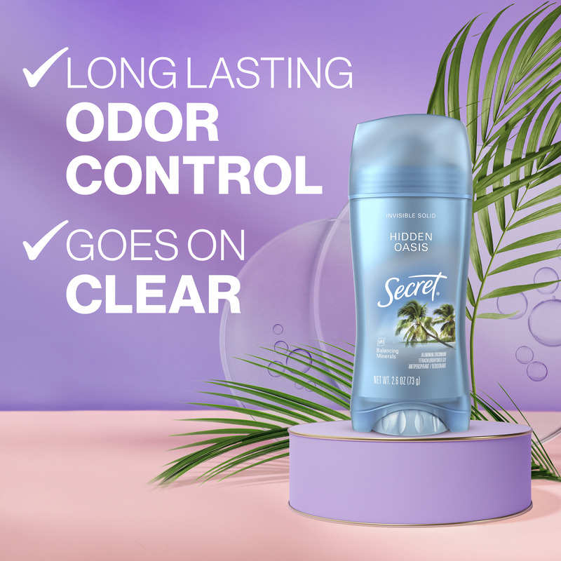 Secret deodorant stick, Hidden Oasis displayed on a pastel background with text highlighting long lasting odor control and clear application