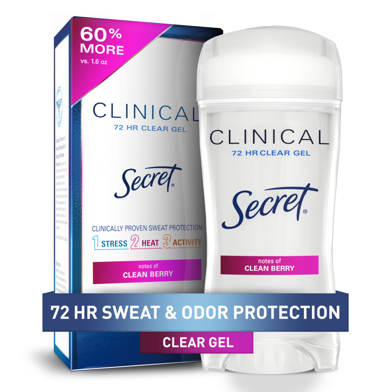 Secret Clinical, 72 hour sweat & odor protection clear gel, clean berry, 60% more packaging, 2.6 oZ