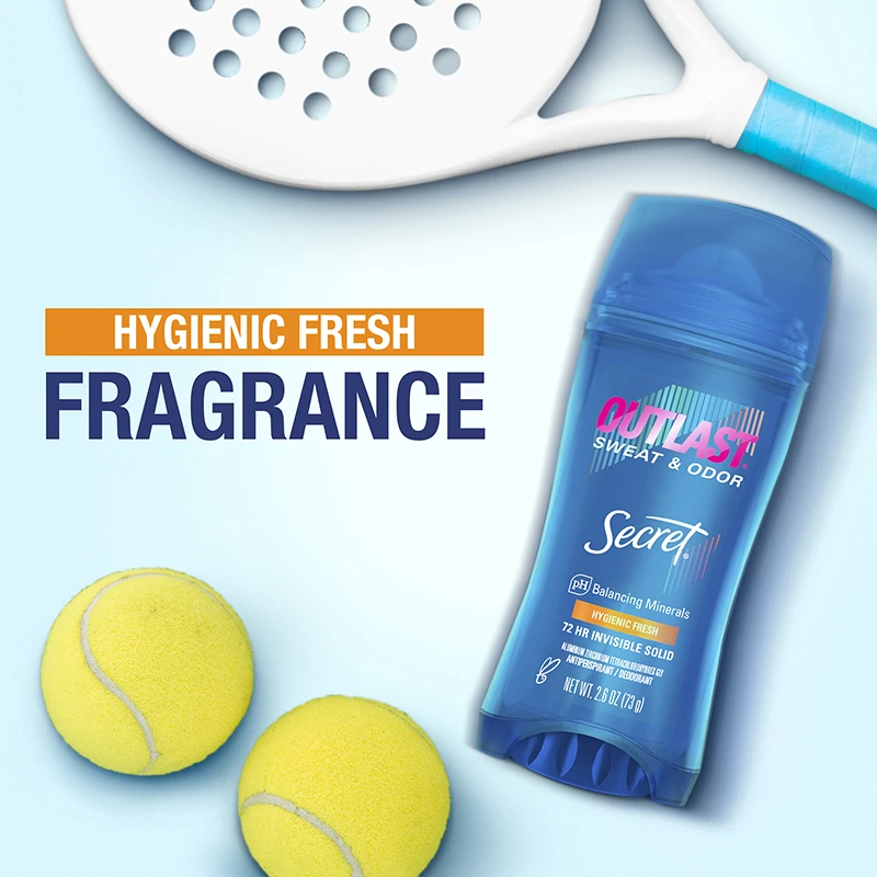 A tennis racket and a Invisible Solid Deodorant