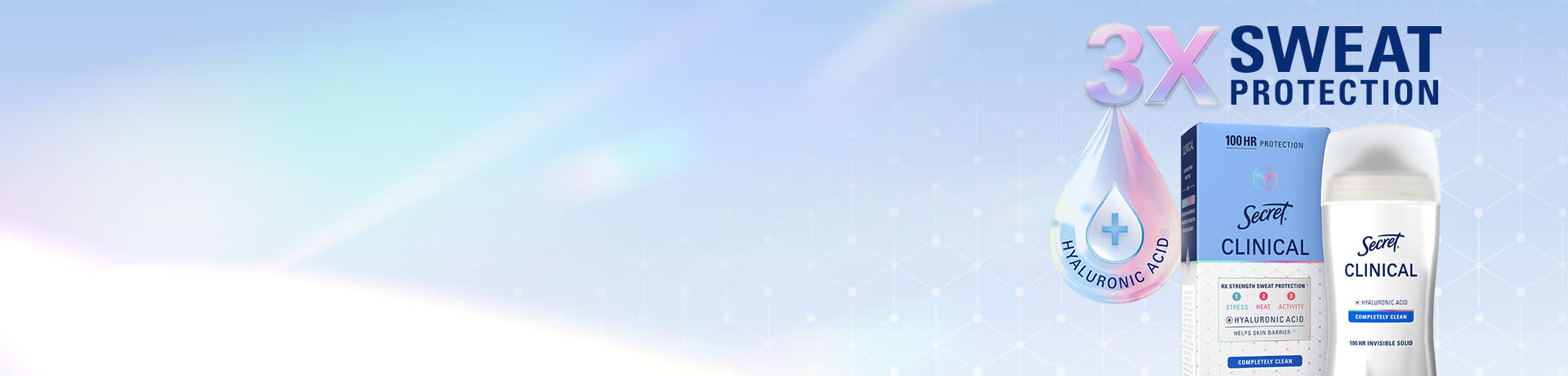 Secret Clinical deodorant products featuring hyaluronic acid, promoting 3X sweat protection and 100-hour effectiveness for active lifestyles