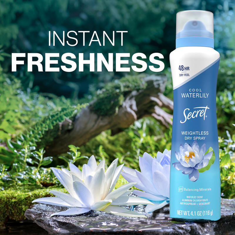 Weightless dry spray by Secret with waterlily scent, providing 48-hour freshness and designed for a dry feel in a natural setting with flowers