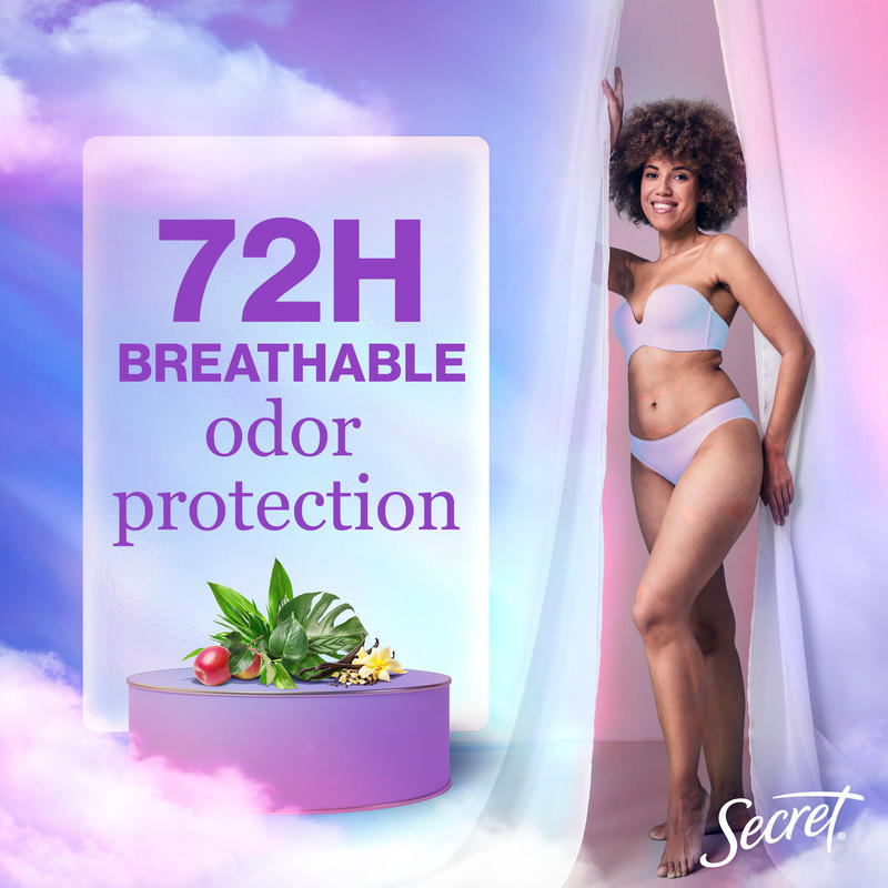 Model showcasing Secret's 72-hour breathable odor protection, emphasizing freshness and confidence with herbal elements and a colorful background