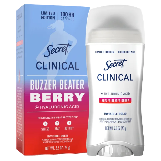 Secret Clinical Buzz Beater Berry antiperspirant stick offers 100-hour sweat protection with hyaluronic acid for enhanced skin hydration