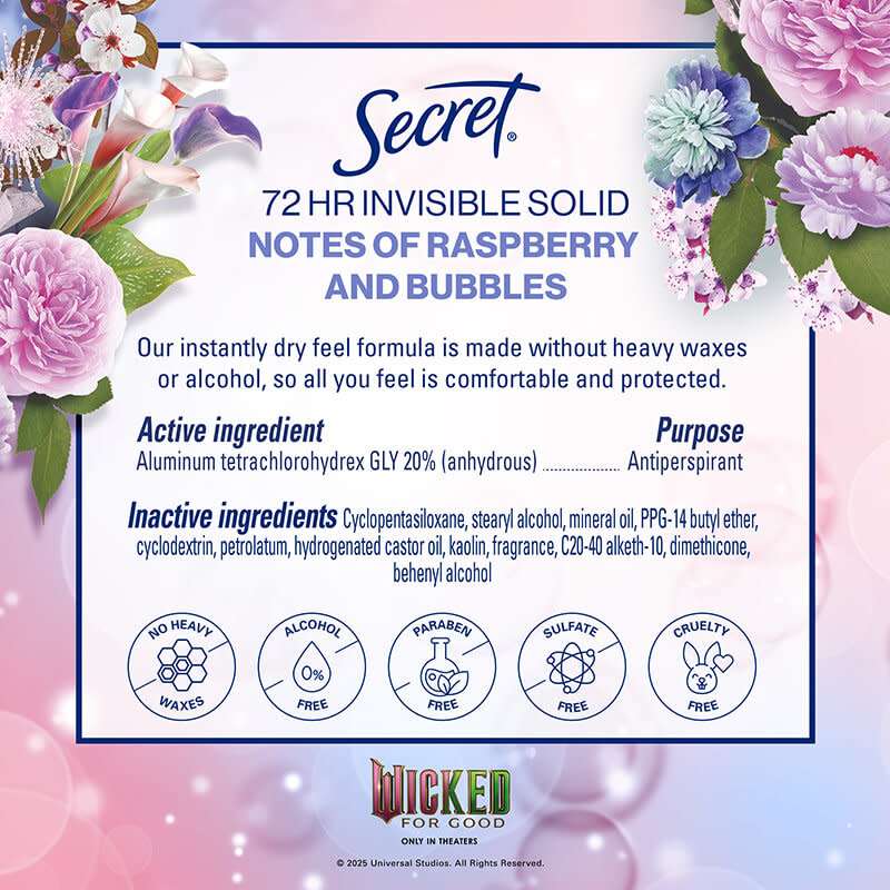 Secret 72 Hour Invisible Solid antiperspirant with notes of raspberry and bubbles, highlighting key ingredients and benefits for comfort and protection