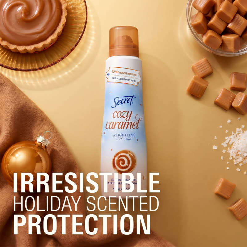 Secret Cozy Caramel Weightless Dry Spray surrounded by caramel treats and holiday decorations, evoking a festive atmosphere