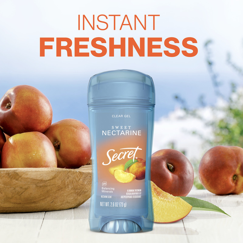 Instant freshness. Secret clear gel deodorant, with fresh peaches in the background