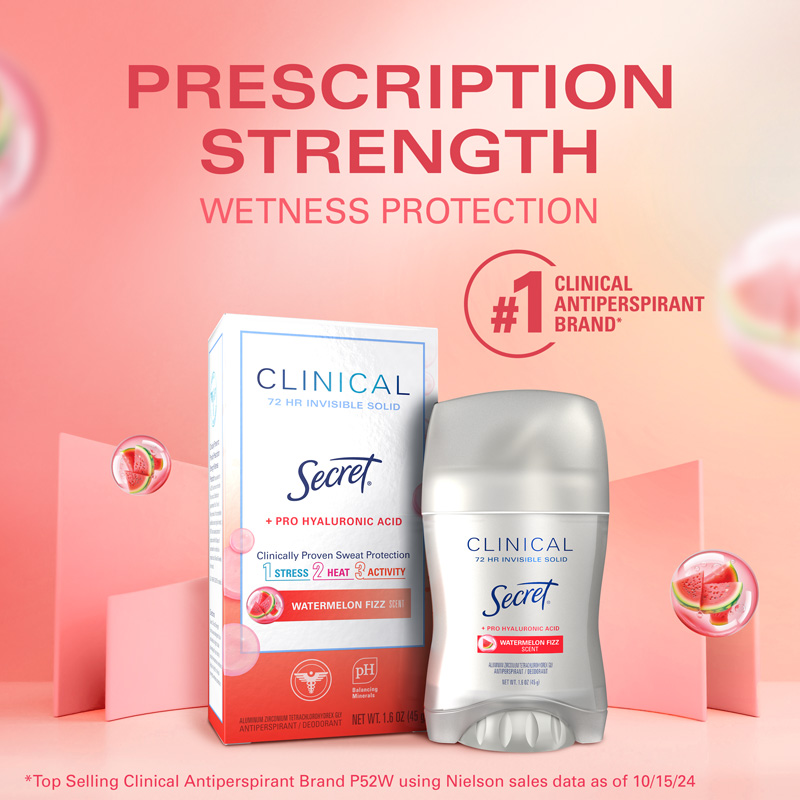 Secret Clinical Strength Antiperspirant featuring Watermelon Fizz scent, providing 72-hour wetness protection and proven sweat defense