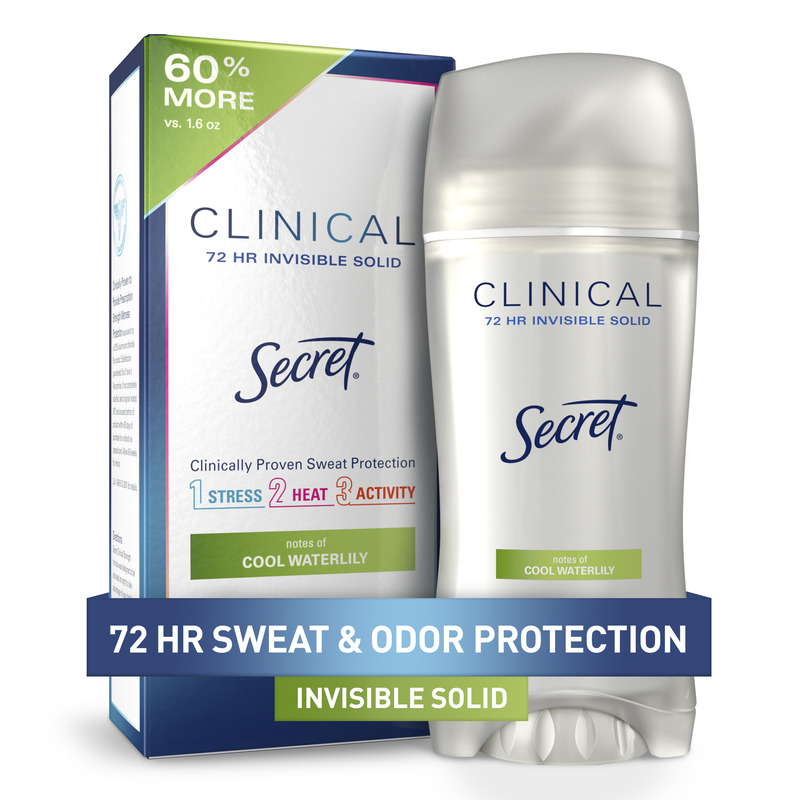 Secret Clinical Invisible Solid antiperspirant with 72 hours sweat and odor protection packaging, cool waterlily scent, 60% more