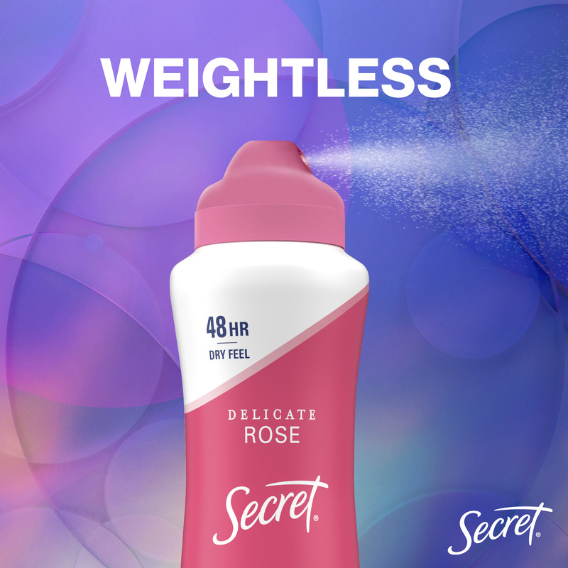 Delicate rose deodorant by Secret with weightless formula for 48 hours of dry feel against a colorful background. Perfect for daily use