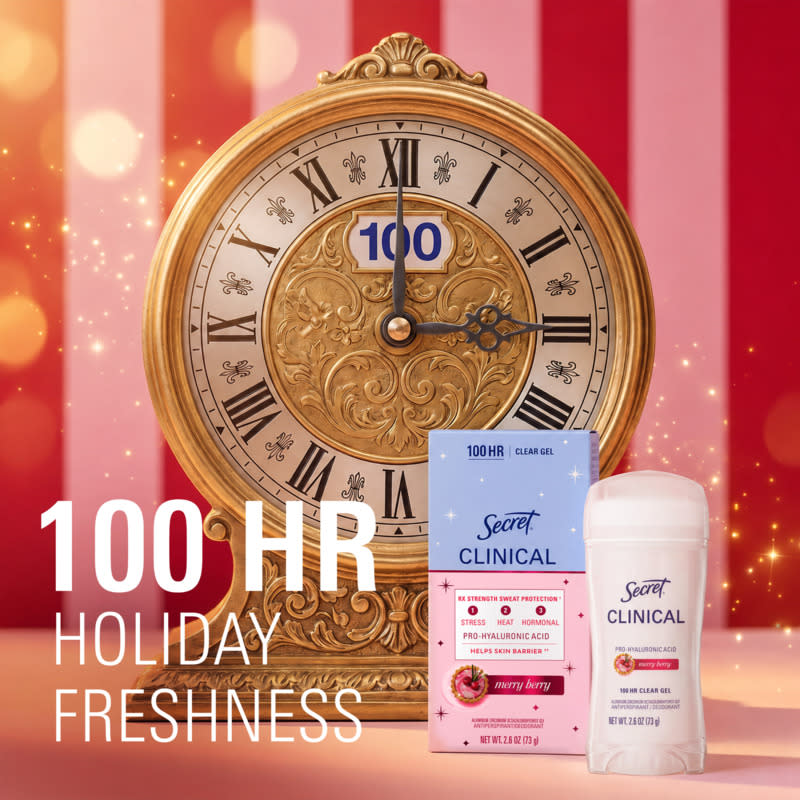 Clock with 100 hours headline beside Secret Clinical deodorant highlighting holiday freshness and strength