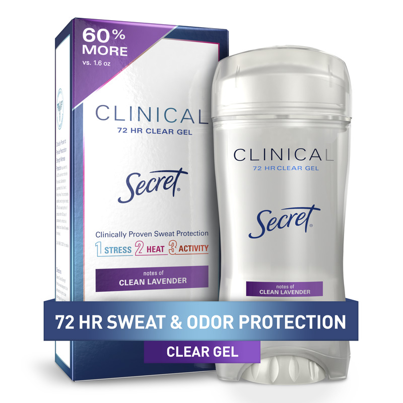 Secret Clinical deodorant with 72-hour sweat and odor protection, featuring Clean Lavender scent in an invisible solid format