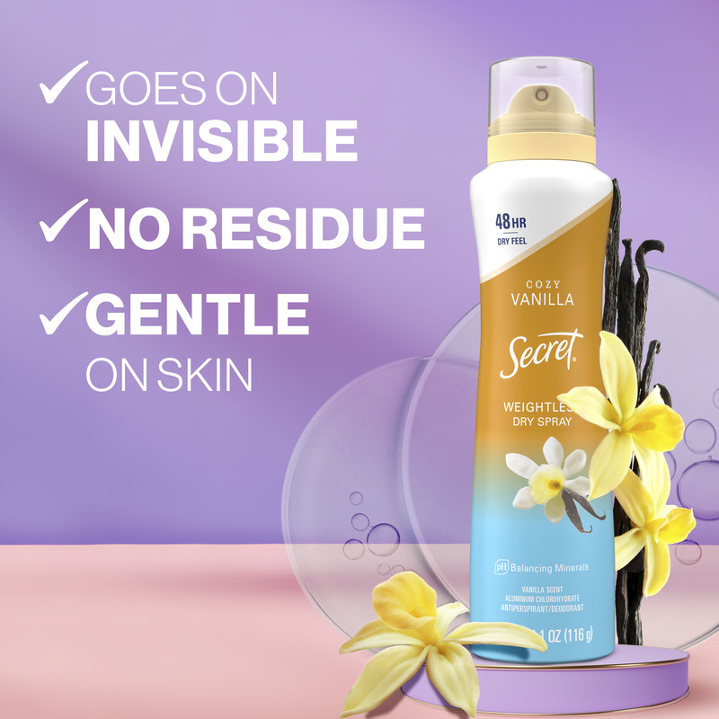 Secret Cozy Vanilla weightless dry spray, displaying berries with text highlighting invisible feel, no residue, and gentle on skin