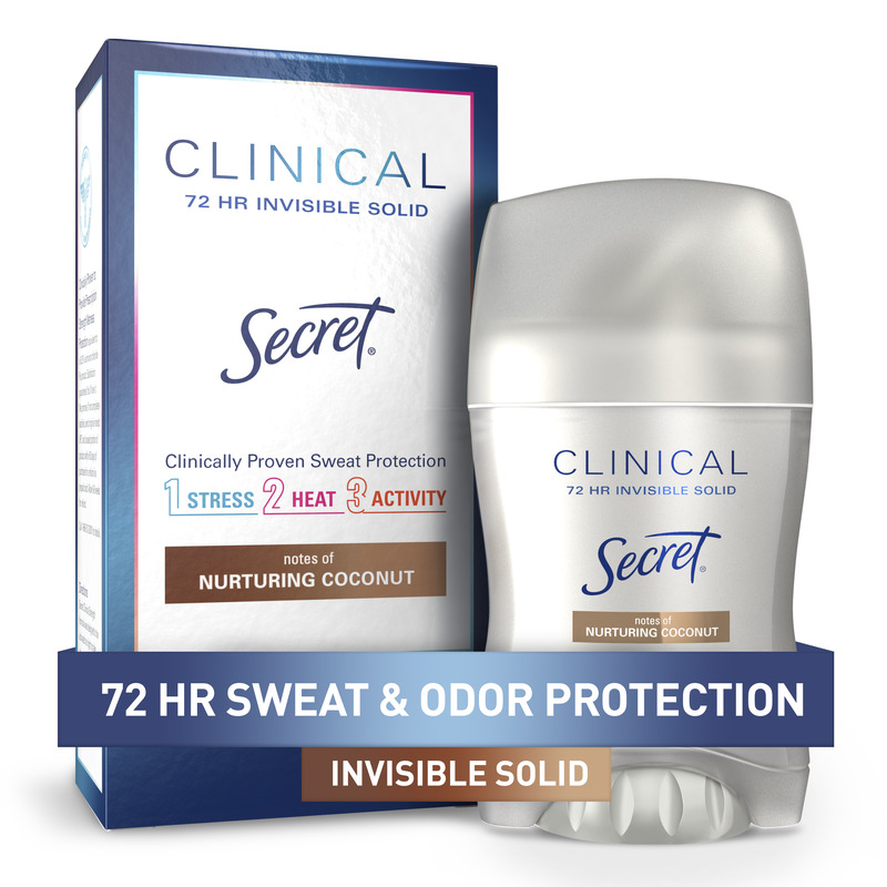 Secret Clinical deodorant in an invisible solid formula, offering 72 hours of sweat and odor protection with a nurturing coconut scent