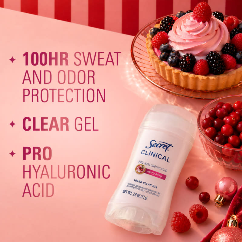 Secret Clinical deodorant with 100-hour protection, displayed beside a berry tart and fresh berries