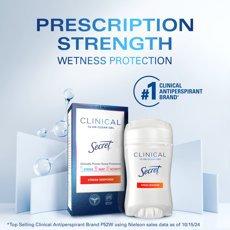 Secret Clinical strength antiperspirant, offering 72 hour sweat protection against stress, heat, and activity for all-day freshness