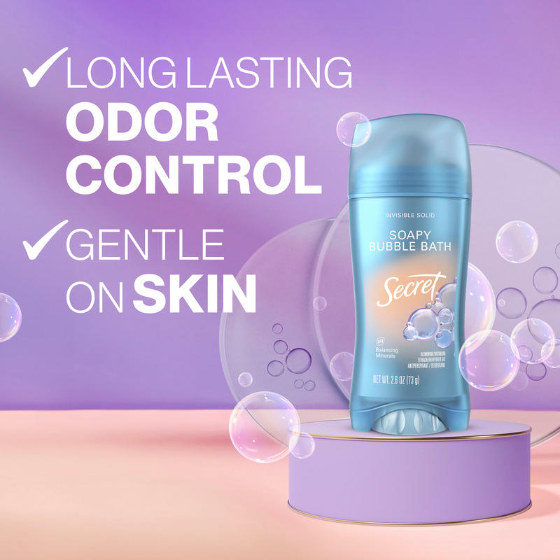 Long lasting odor control, gentle on skin. Product image of Secret deodorant stick showcasing long-lasting odor control and gentle on skin