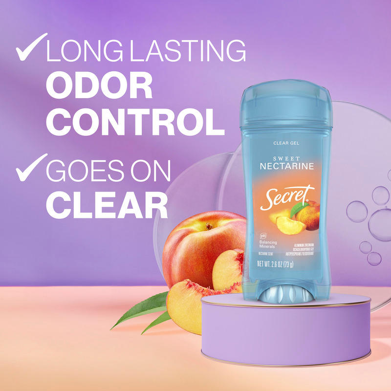 Secret clear gel deodorant with sweet nectarine scent, featuring long-lasting odor control and a smooth application on a pastel background