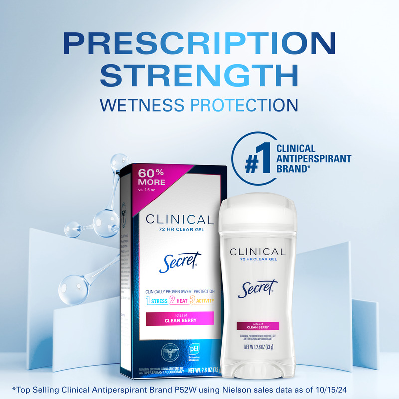 Prescription strength antiperspirant by Secret, offering 72-hour wetness protection with clean berry scent and clinically proven effectiveness