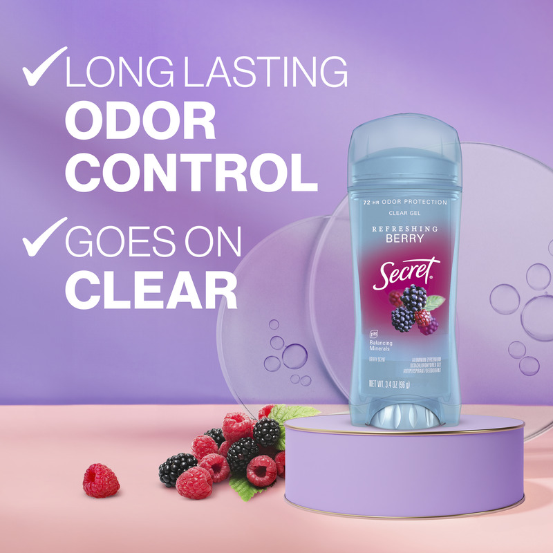 Long lasting odor control, goes on clear. Secret clear gel deodorant in refreshing berry scent with blackberries and raspberries