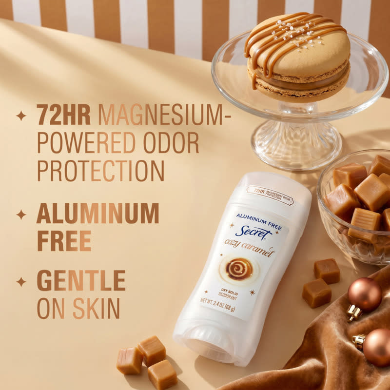 Cozy Caramel scent deodorant with 72-hour magnesium protection, aluminum-free, placed with treats and warm colors
