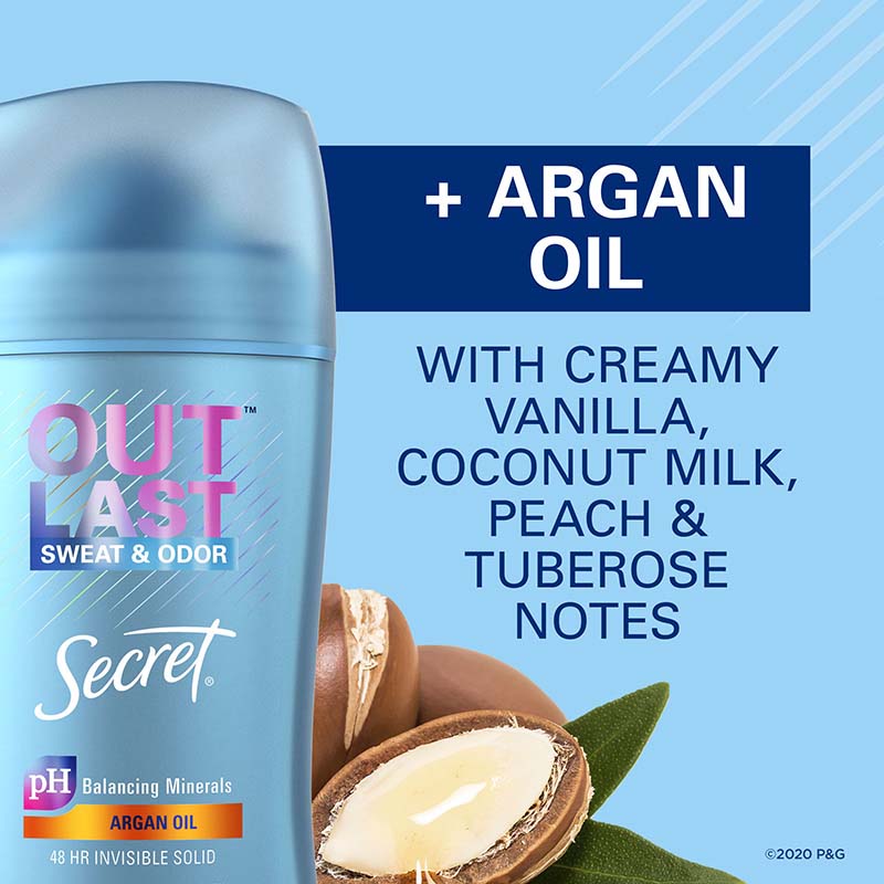 Outlast Invisible Solid Deodorant Argan Oil with creamy vanilla, coconut milk, peach and tuberose notes