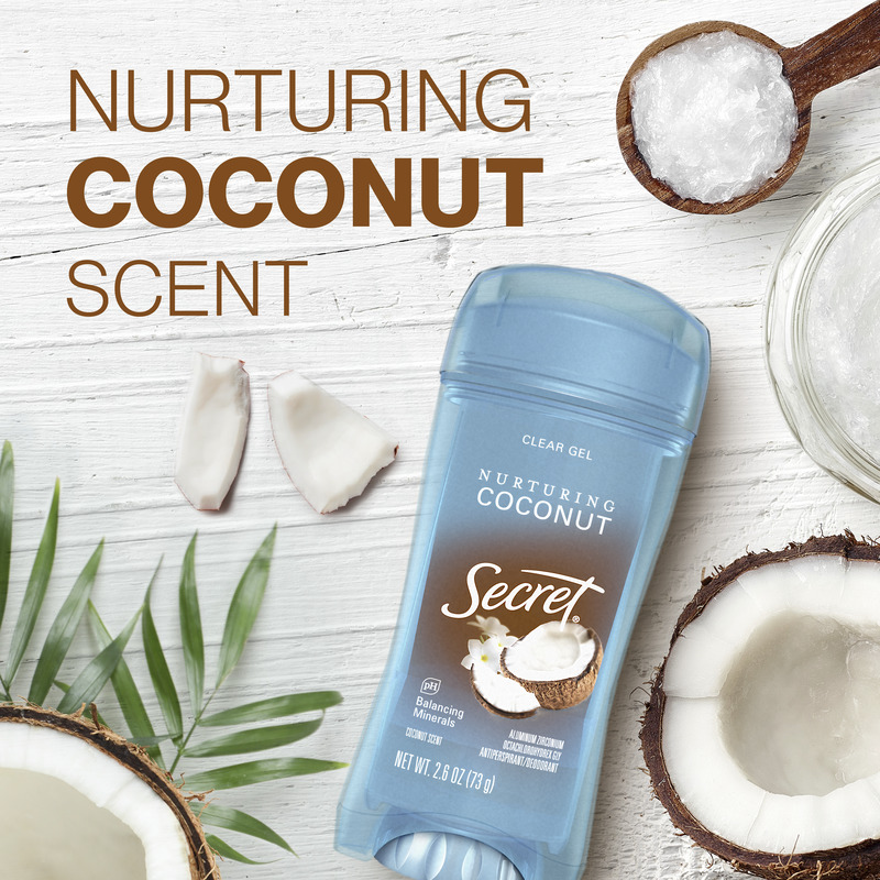 Secret clear gel deodorant with nurturing coconut scent, coconut pieces, and natural minerals on a wooden background. Refreshing and soothing product