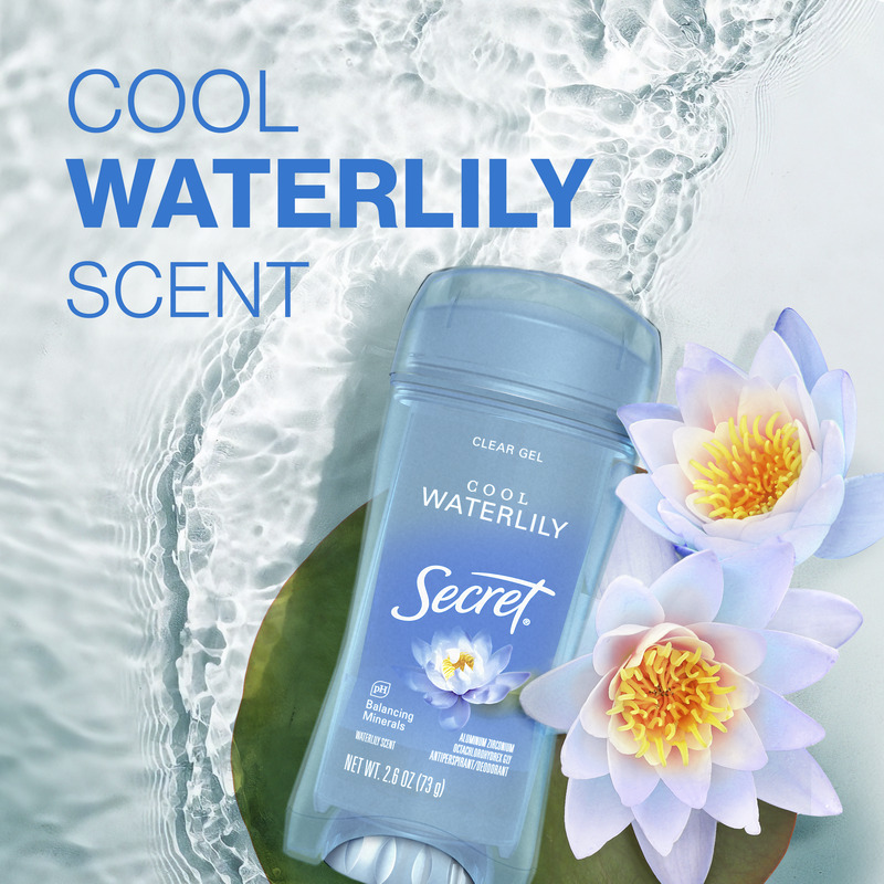 Cool waterlily scent. Secret clear gel deodorant by Secret with a cool waterlily scent, surrounded by water and floral elements