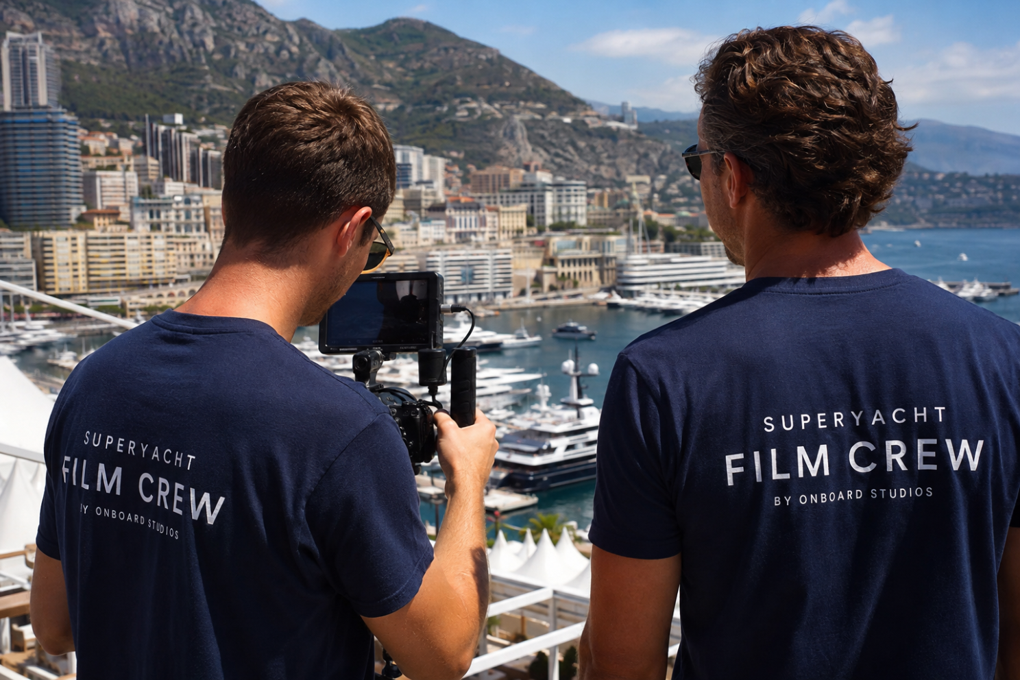 Onboard Studios videographers in Superyacht Film Crew T-shirts filming superyachts in Port Hercule, Monaco