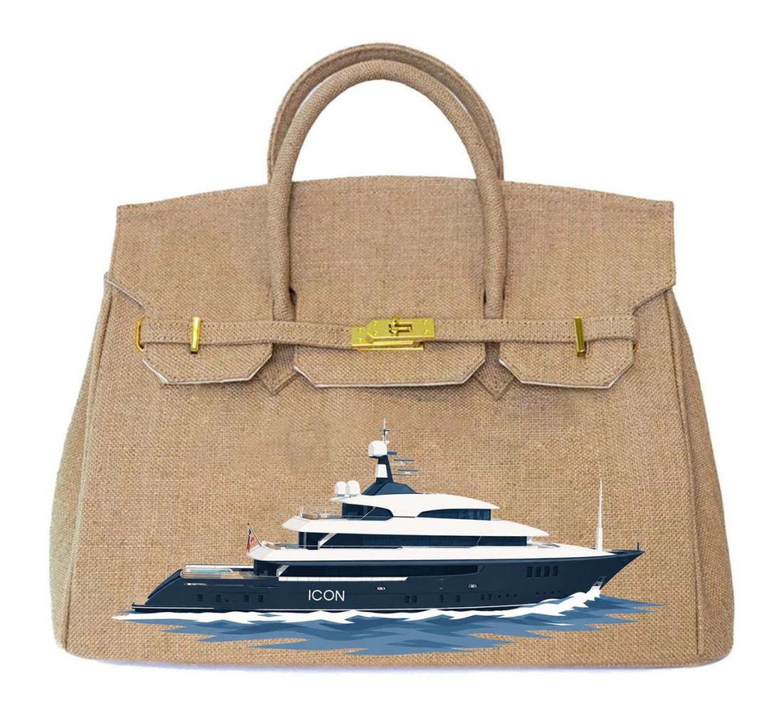 The Monaco Yacht Handbag, a hand-painted canvas top-handle bag featuring a superyacht