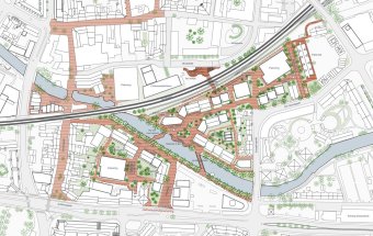 Et kort, der viser en helhedsplan for udviklingen af den nye bydel Kolding Å midt i Kolding