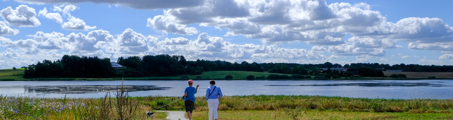 To personer spadserer ad stien fra udstykningen Søvænget ned til Ødis Sø.