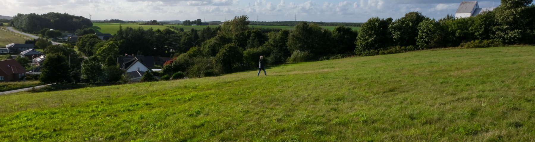 Landskabelig udsigt over et stykke landbrugsjord til salg ved Harte vest for Kolding med blå himmel og drivende, hvide skyer