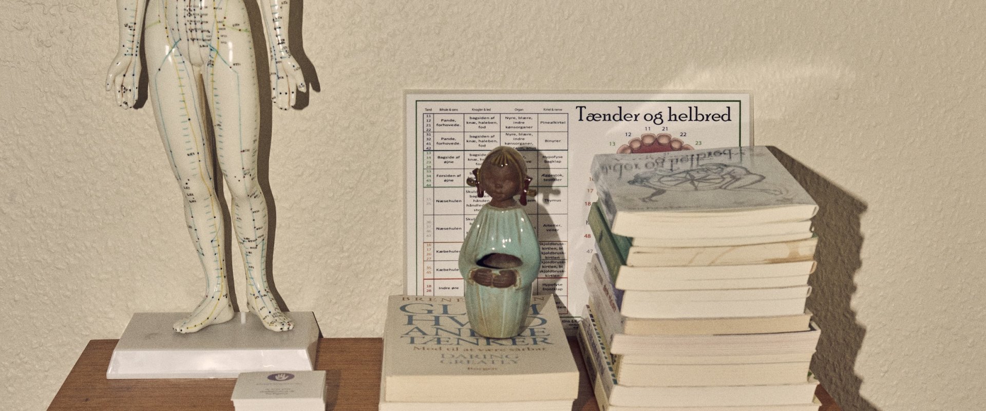 Nærbillede af interiør i Pia Elgaards lejlighed blandt andet bøger i en bogreol og en porcelænsfigur af en upåklædt person med påmalede akupunkturpunkter