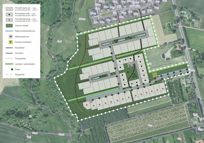Tegning over 61 nye byggegrunde i udstykningen Ved Virkelyst i Vester Nebel
