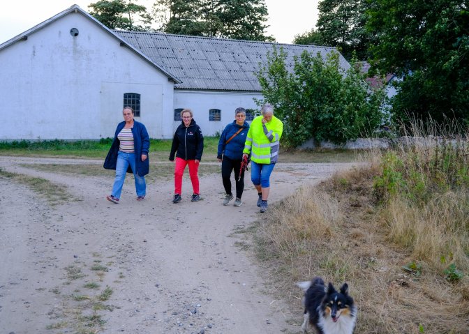 Connie Gudbjerg (nr. 2 fra venstre) er gå-vært og tilbyder gåture i Jordrup én gang om ugen. Der er forskelligt, hvem og hvor mange, der er med. Denne dag er det tre kvinder og hunden Rosa.