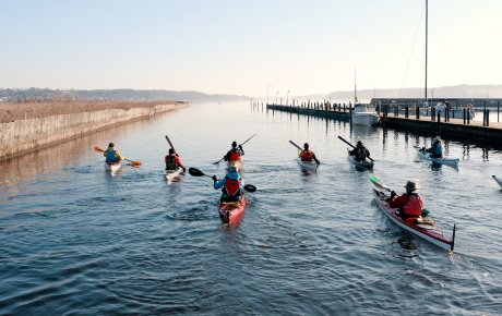 En flok roere i kajakker sejler ud mod Kolding Fjord fra Kolding Havn. De sejler forbi lystbådehavnen, som er i højre side af billedet