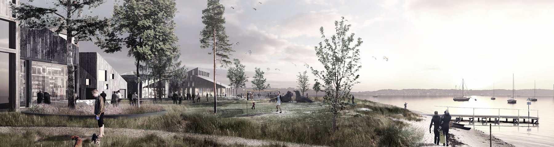 Arkitektfirmaet COBE's illustration af stranden ved Marina City. En bådebroløber ud i vandet fra stranden, bag den er et område med buske og træer og bagest en række huse. Der går en sti fra husene gennem det grønne område og ned til stranden. Der går to personer i strandkanten og én person på stien.