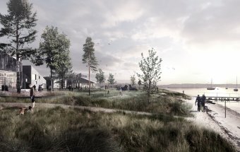 Arkitektfirmaet COBE's illustration af, hvordan stranden ved Marina City kommer til at tage sig ud med træer, bådebro og grønne omgivelser og områdets bebyggelse i baggrunden