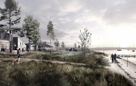 Arkitektfirmaet COBE's illustration af stranden ved Marina City. En bådebroløber ud i vandet fra stranden, bag den er et område med buske og træer og bagest en række huse. Der går en sti fra husene gennem det grønne område og ned til stranden. Der går to personer i strandkanten og én person på stien.