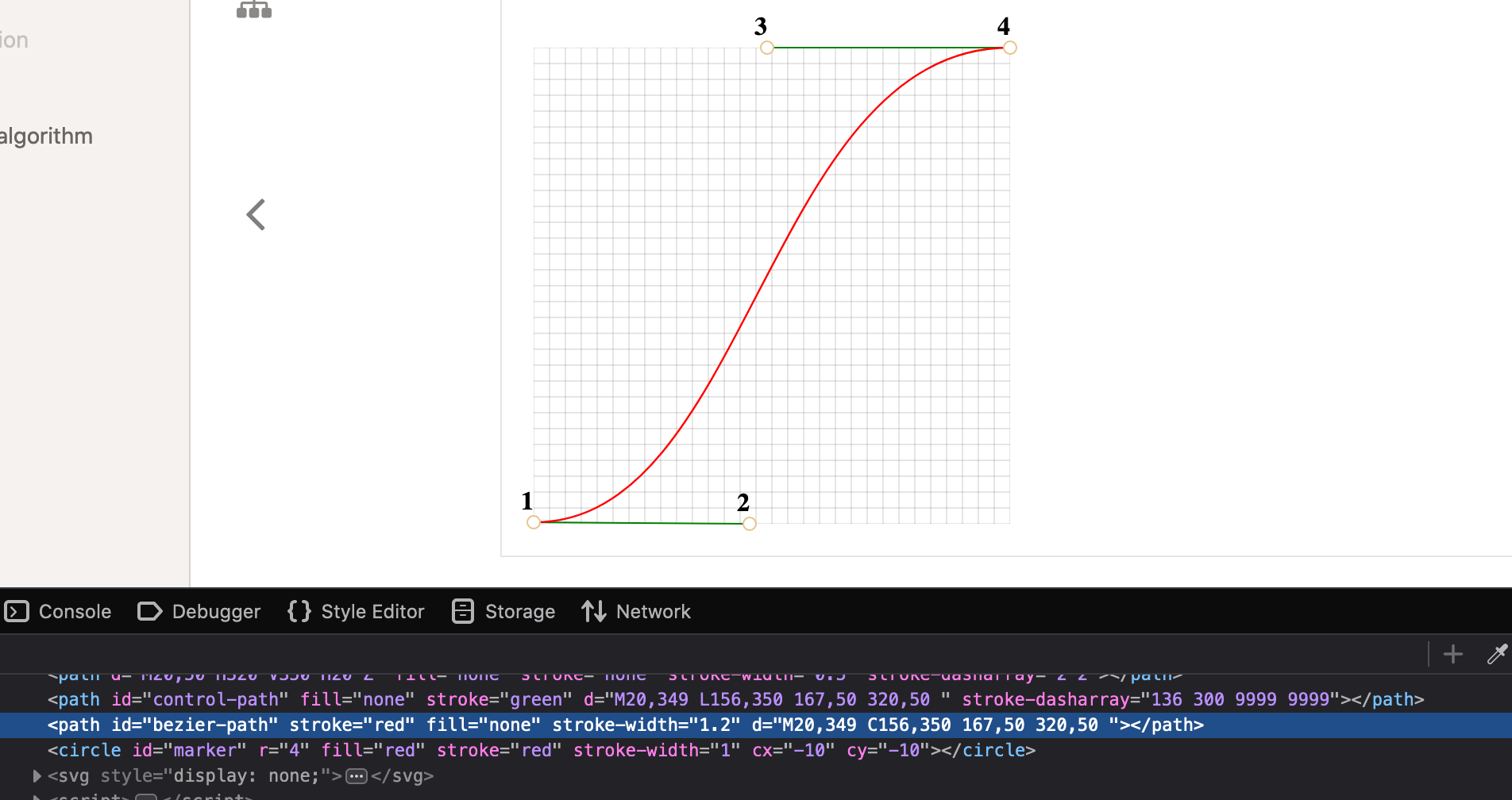 A picture of the bezier curve with the developers-tools open