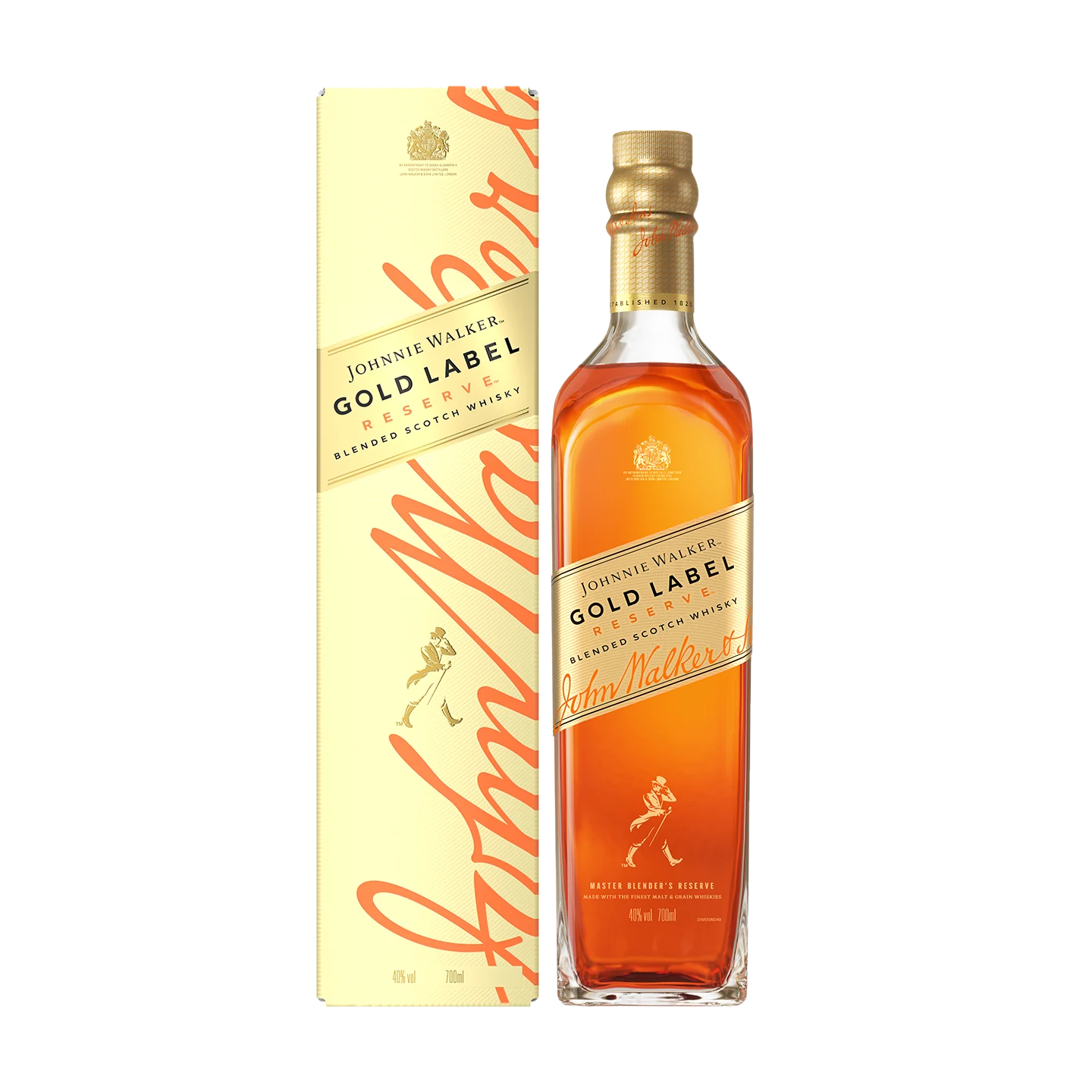 A bottle of Johnnie Walker Gold Label Reserve Blended Scotch Whisky stands next to its matching gold and cream box, both featuring the Johnnie Walker logo and branding.