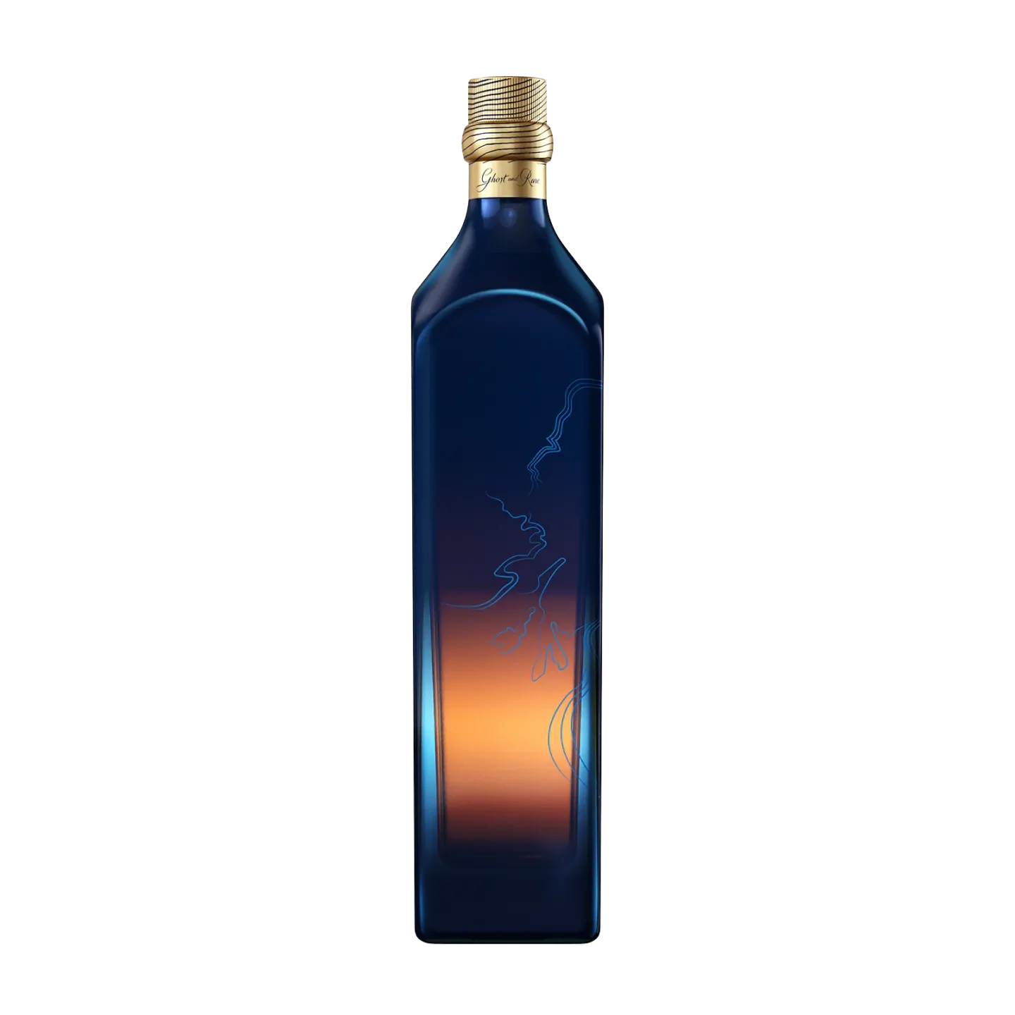 Johnnie Walker Blue Label Ghost and Rare Pittyvaich A tall, sleek bottle with a deep blue gradient design and golden cap. The body features abstract line patterns and displays warm amber tones. The bottle stands upright against a plain background.