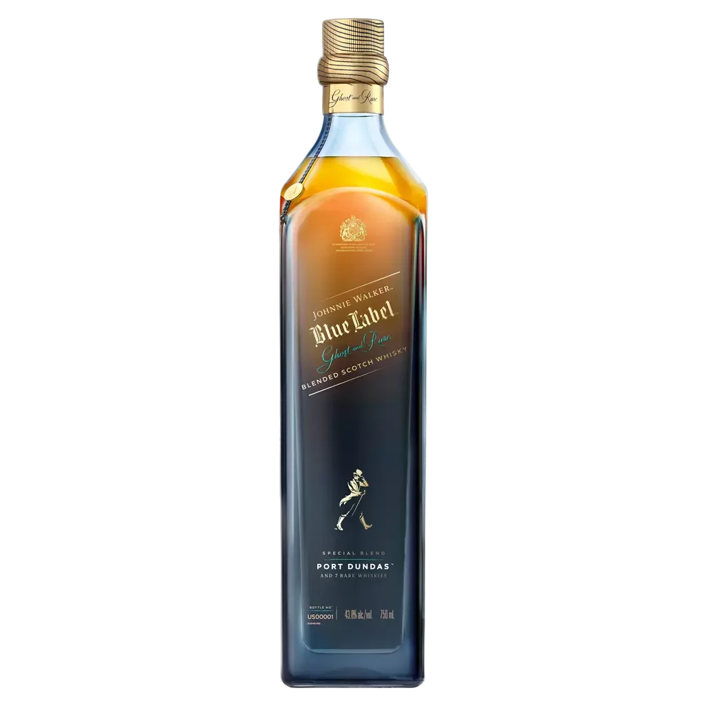 A bottle of Johnnie Walker Blue Label blended Scotch whisky, featuring a blue and gold label, gold cap, and the iconic walking man logo on the lower part of the rectangular glass bottle.
