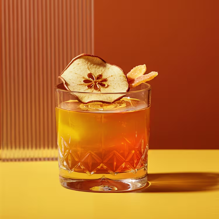 A hand holds a coupe glass filled with an orange drink, garnished with a dried apple slice. Nearby, stacked dominoes rest on a blue tray on a white marble surface.