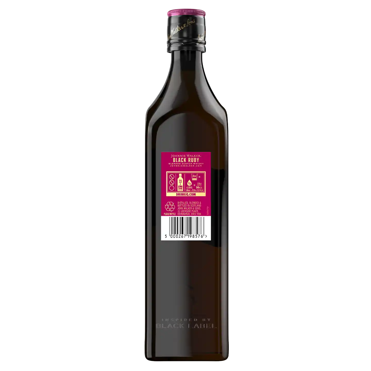 Black Label olive oil bottle with black and pink label, with barcode and instructions on the back. The bottle has a pink cap with gold details.