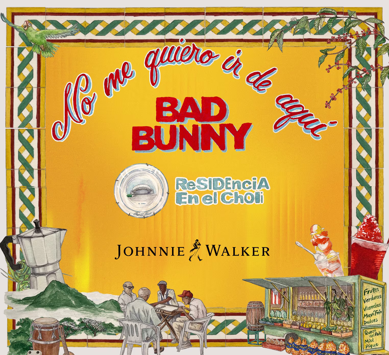 Un colorido póster ilustrado de "No me quiero ir de aquí" de Bad Bunny, con un carrito de comida, fruta, gente conversando, una licuadora y un volcán. También se ven los logotipos de Johnnie Walker y Residencia En el Choli.