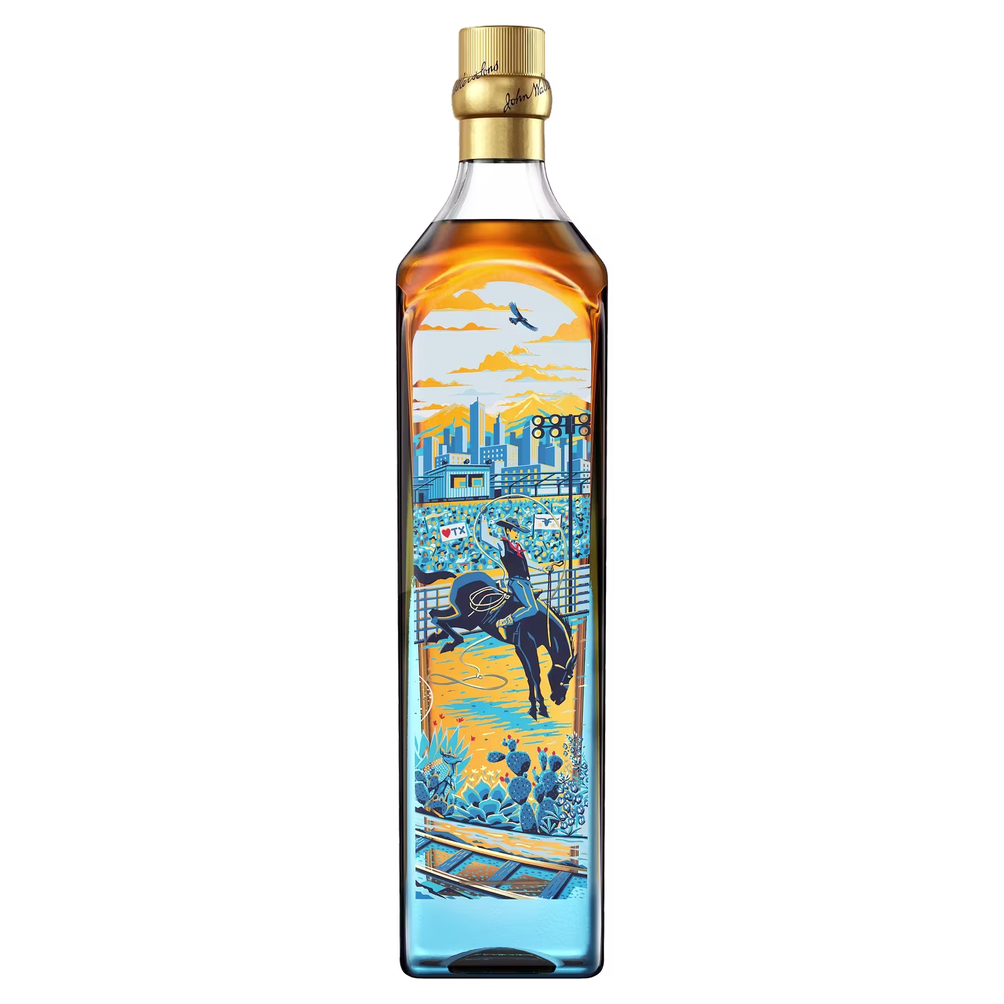 Tall bottle with a gold cap, decorated with a colorful illustration of a rodeo scene and a city skyline.