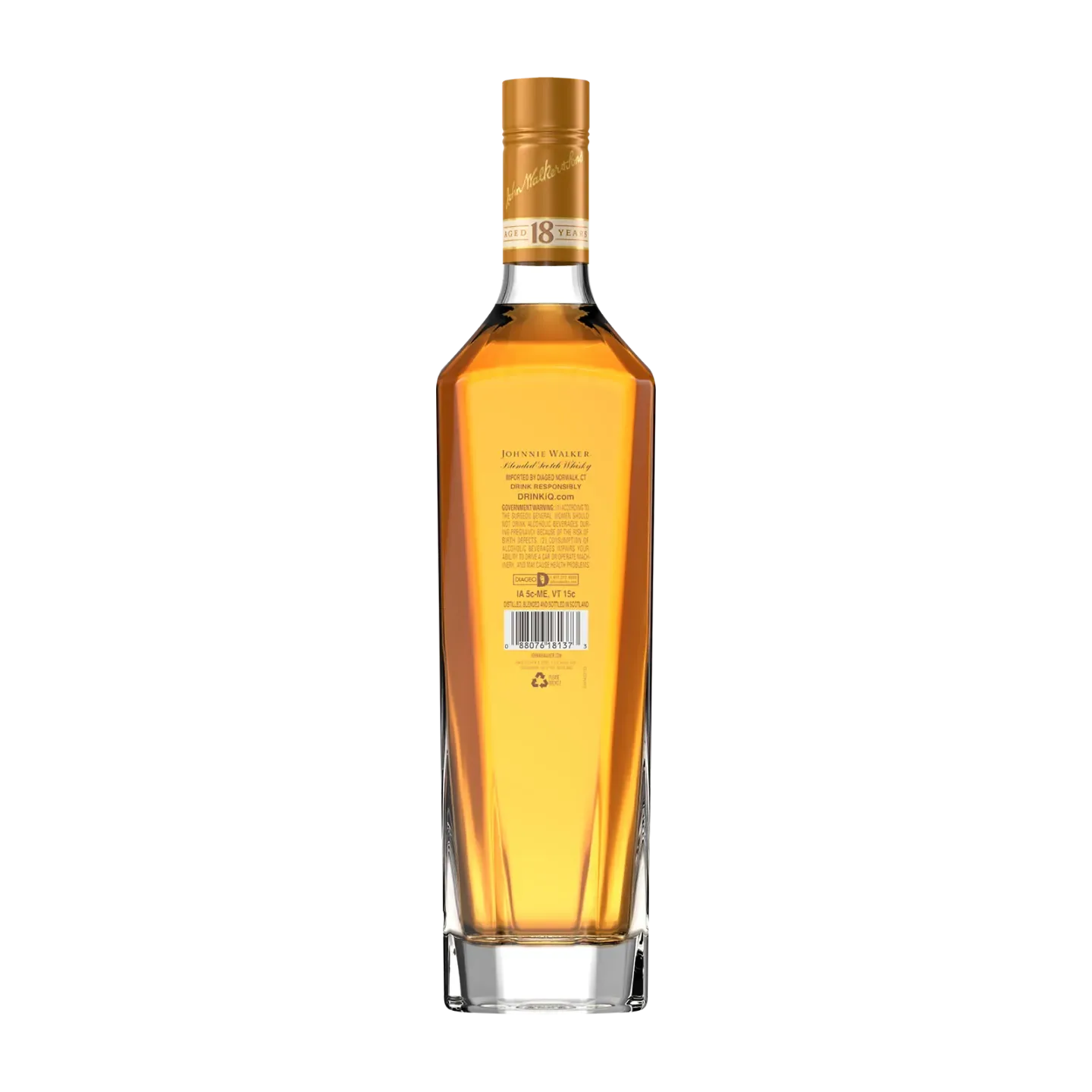 A bottle of Johnnie Walker Aged 18 Years amber-coloured whisky with a golden cap is shown on a white background. The label displays product details and a barcode on the back of the bottle.