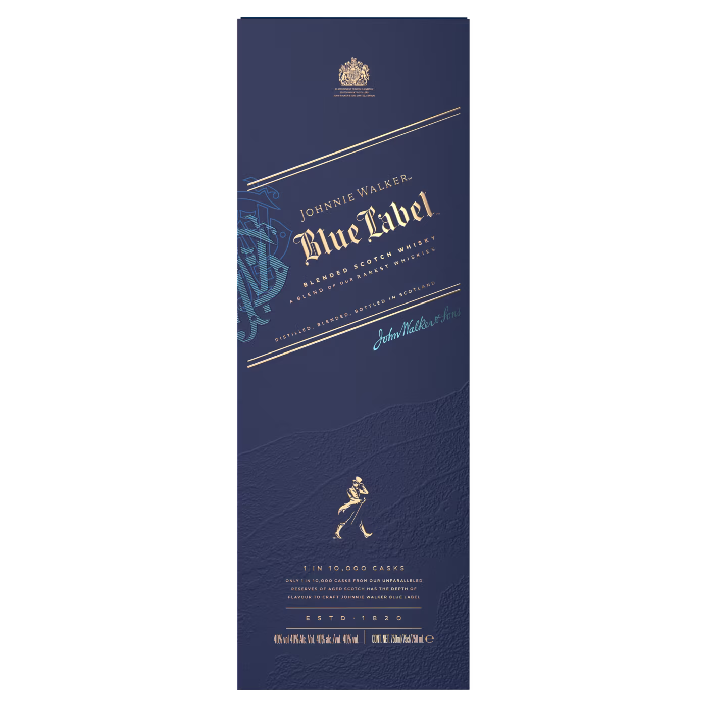 Прямокутна темно-синя коробка з текстом «Johnnie Walker Blue Label Blended Scotch Whisky» у золотому та білому кольорі. Є зображення культової крокуючої фігури. Фон суцільний зелений.
