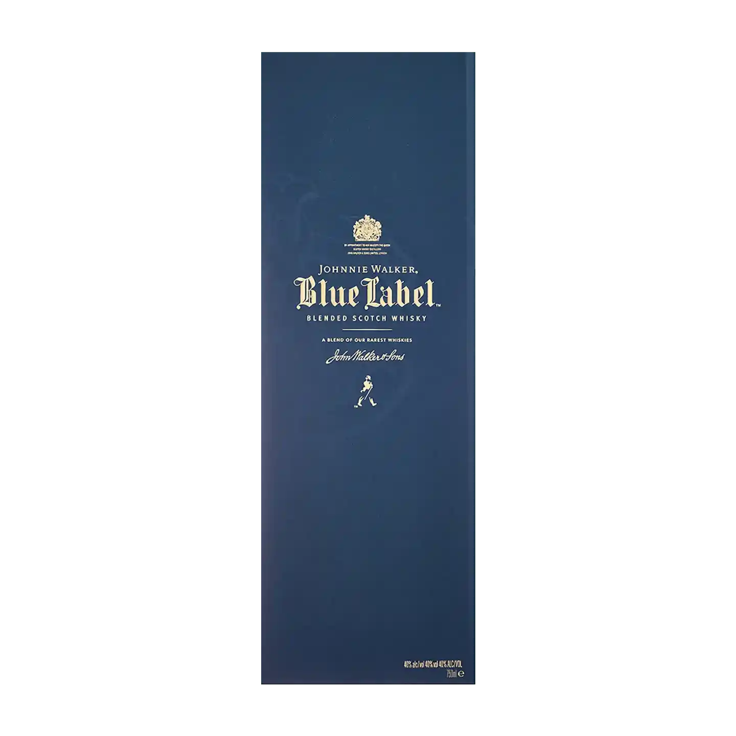 Một hộp hình chữ nhật cao với thiết kế màu xanh đậm có dòng chữ Johnnie Walker Blue Label Blended Scotch Whisky và hình bóng một người đàn ông đang sải bước bằng vàng. Nhìn chung, vẻ ngoài thanh lịch và cao cấp.